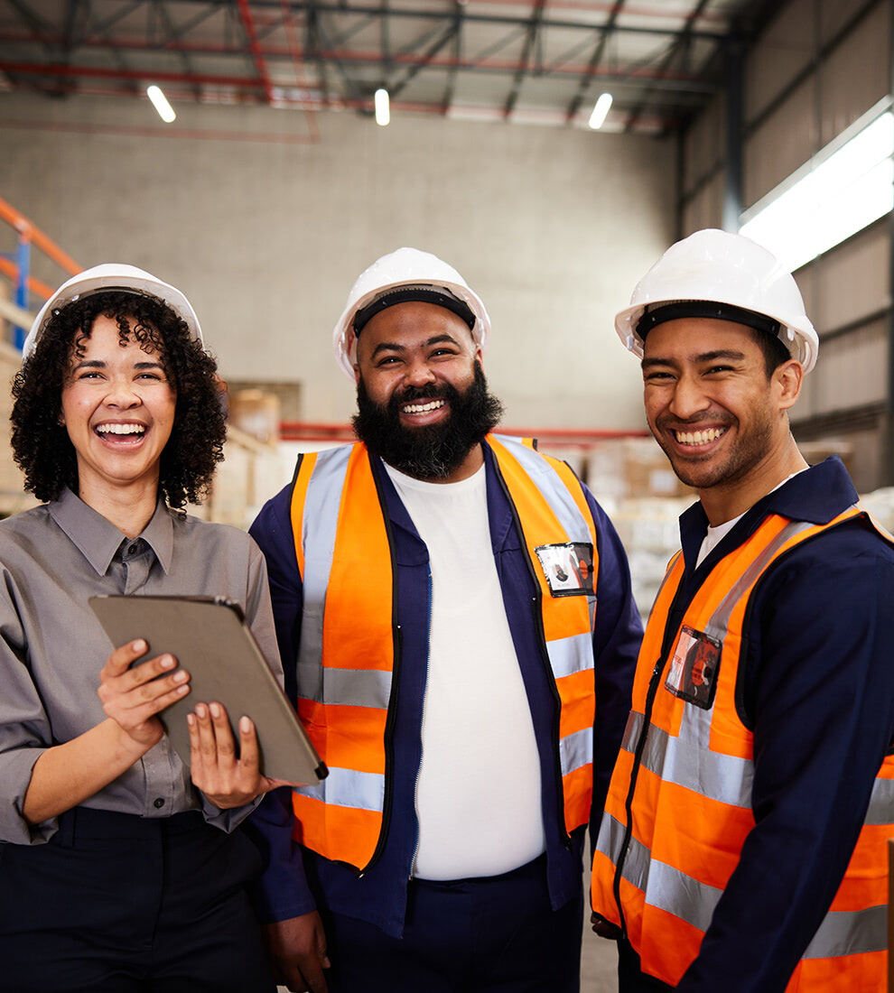 diverse-warehouse-team-smiling-hard-hats-tablet